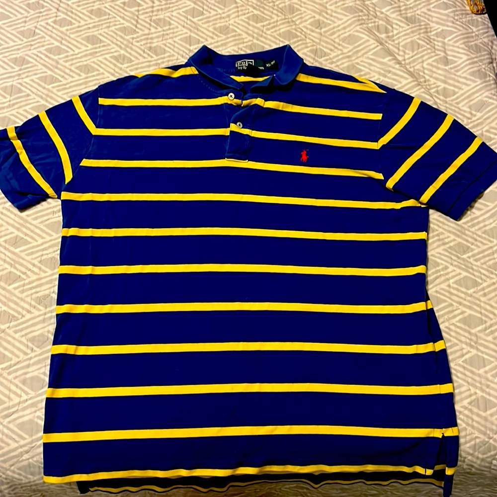 Bright XL Polo Ralph Lauren S/S shirt w/ blue base & yellow horizontal stripes